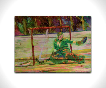 A painting of hockey player Gump Worsley of the Minnesota North Stars, protecting the goal. Printed on a wood pallet.