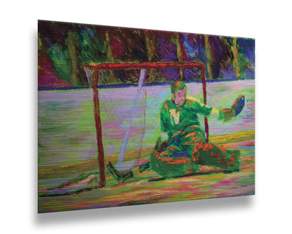 A painting of hockey player Gump Worsley of the Minnesota North Stars, protecting the goal. Printed on metal.