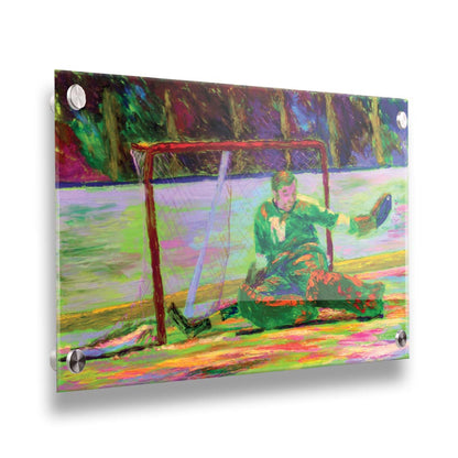 A painting of hockey player Gump Worsley of the Minnesota North Stars, protecting the goal. Printed on acrylic.