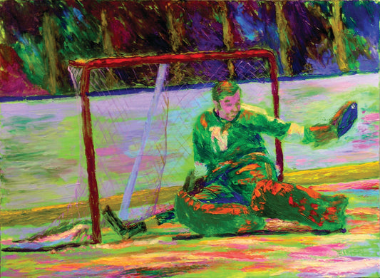 A painting of hockey player Gump Worsley of the Minnesota North Stars, protecting the goal.