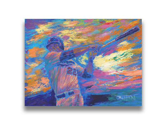 A painting of Minnesota Twins baseball player Miguel SanÃ³ swinging a bat against a colorful, abstract background. The visible palette knife and brush strokes emphasize the action of the piece. Printed on canvas.