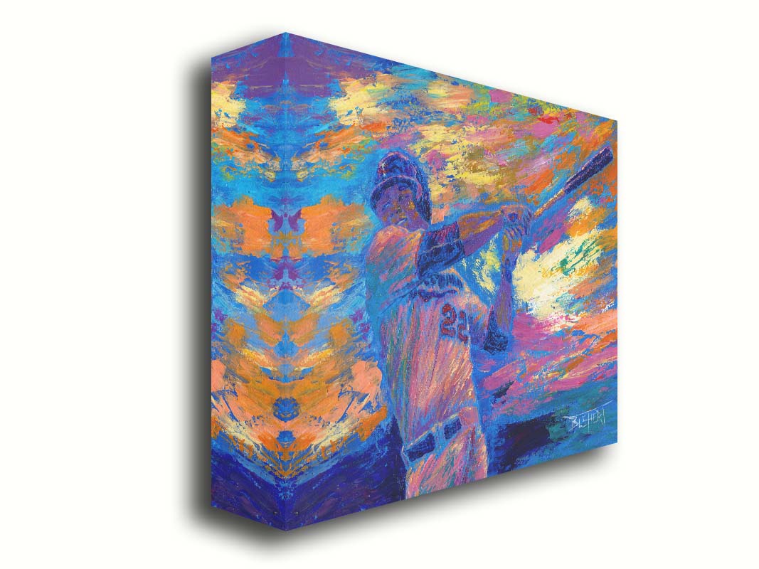 A painting of Minnesota Twins baseball player Miguel Sanó swinging a bat against a colorful, abstract background. The visible palette knife and brush strokes emphasize the action of the piece. Printed on canvas.