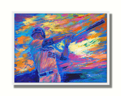 A painting of Minnesota Twins baseball player Miguel SanÃ³ swinging a bat against a colorful, abstract background. The visible palette knife and brush strokes emphasize the action of the piece. Printed on canvas in a float frame.