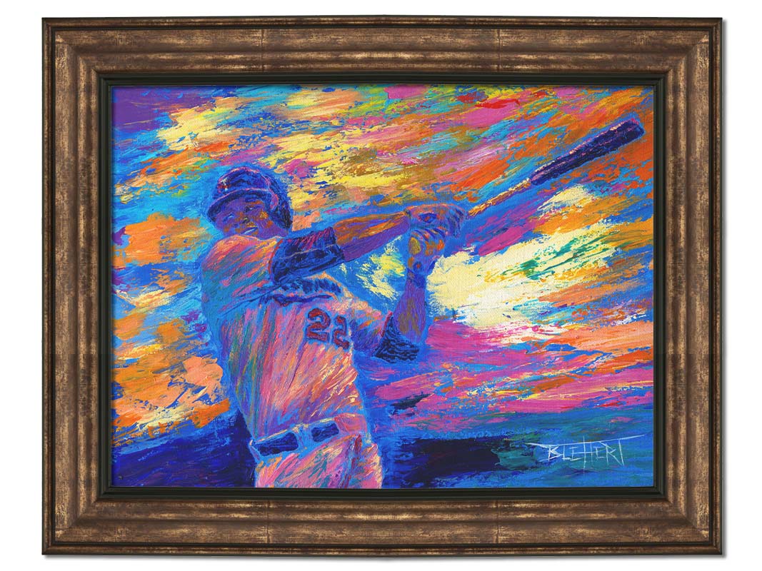 A painting of Minnesota Twins baseball player Miguel Sanó swinging a bat against a colorful, abstract background. The visible palette knife and brush strokes emphasize the action of the piece. Printed on canvas and framed.