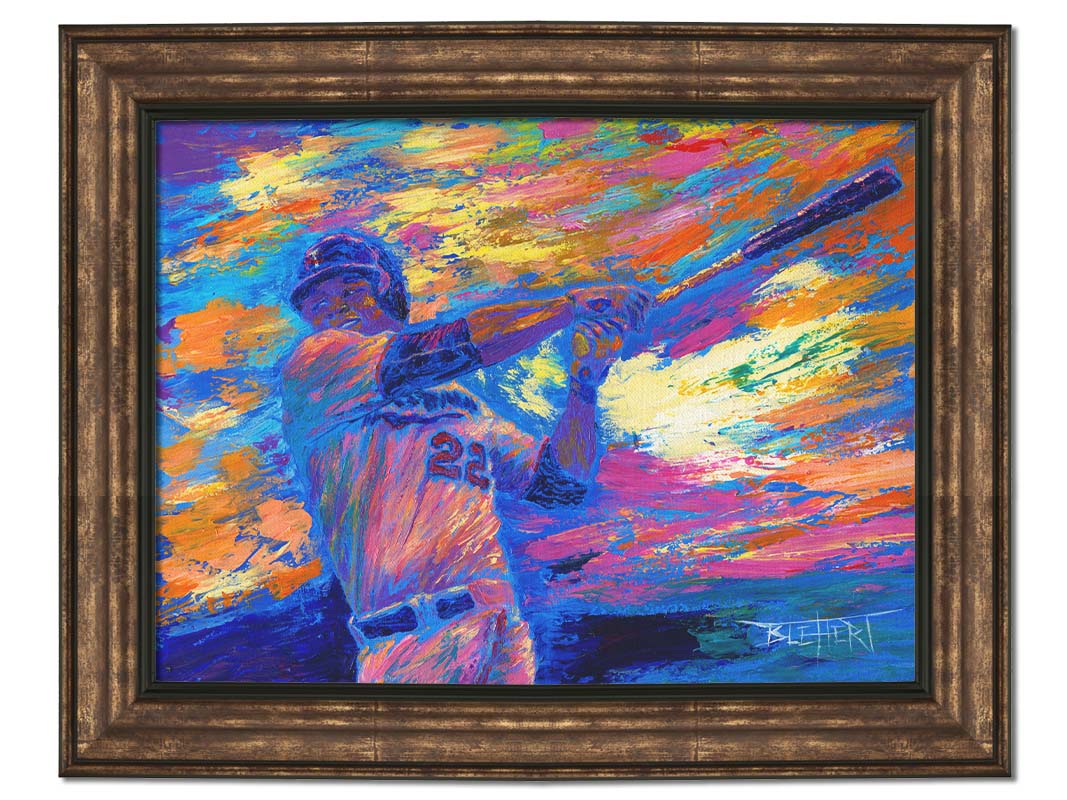 A painting of Minnesota Twins baseball player Miguel SanÃ³ swinging a bat against a colorful, abstract background. The visible palette knife and brush strokes emphasize the action of the piece. Printed on canvas and framed.