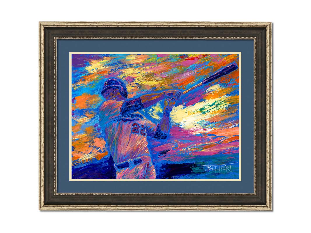 A painting of Minnesota Twins baseball player Miguel Sanó swinging a bat against a colorful, abstract background. The visible palette knife and brush strokes emphasize the action of the piece. Printed on paper, matted, and framed.