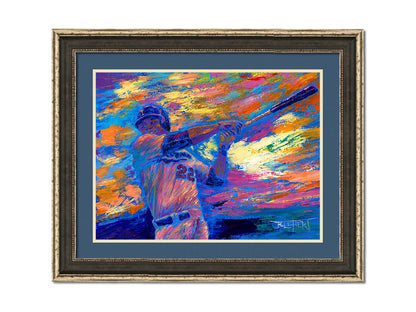 A painting of Minnesota Twins baseball player Miguel SanÃ³ swinging a bat against a colorful, abstract background. The visible palette knife and brush strokes emphasize the action of the piece. Printed on paper, matted, and framed.