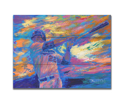 A painting of Minnesota Twins baseball player Miguel SanÃ³ swinging a bat against a colorful, abstract background. The visible palette knife and brush strokes emphasize the action of the piece. Printed on a box board.