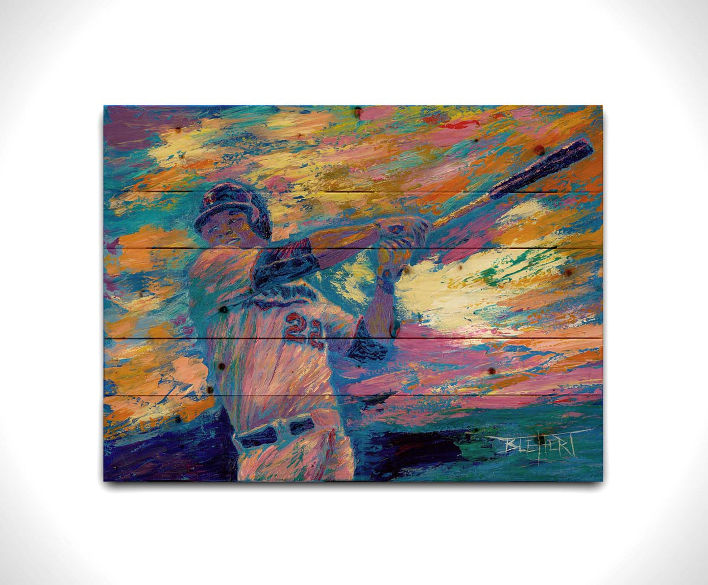 A painting of Minnesota Twins baseball player Miguel SanÃ³ swinging a bat against a colorful, abstract background. The visible palette knife and brush strokes emphasize the action of the piece. Printed on a wood pallet.