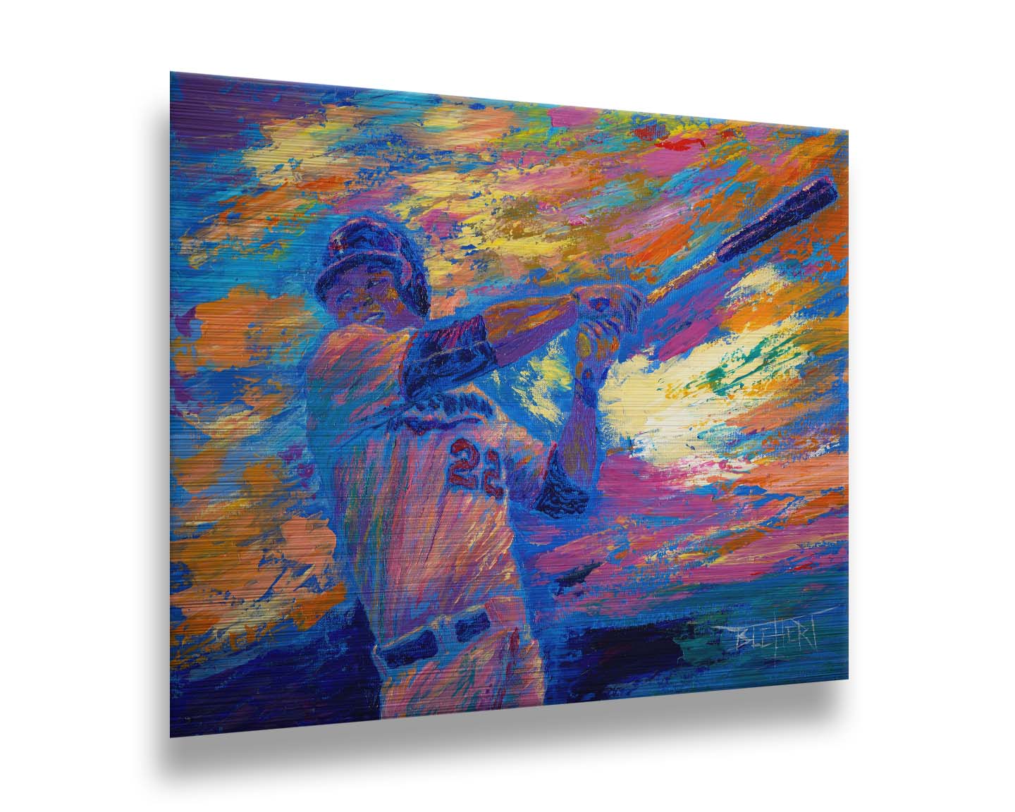 A painting of Minnesota Twins baseball player Miguel Sanó swinging a bat against a colorful, abstract background. The visible palette knife and brush strokes emphasize the action of the piece. Printed on metal.