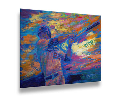 A painting of Minnesota Twins baseball player Miguel SanÃ³ swinging a bat against a colorful, abstract background. The visible palette knife and brush strokes emphasize the action of the piece. Printed on metal.