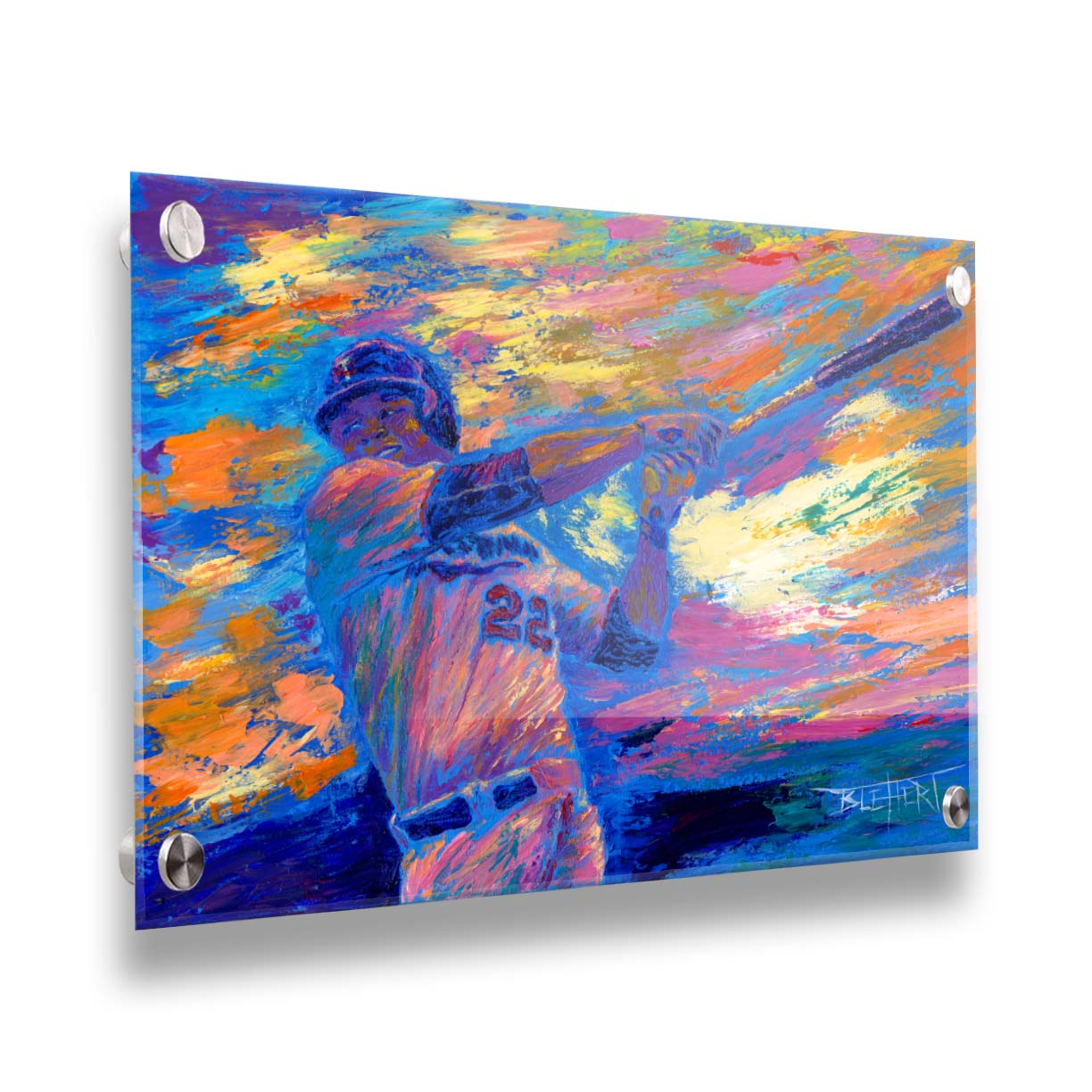 A painting of Minnesota Twins baseball player Miguel SanÃ³ swinging a bat against a colorful, abstract background. The visible palette knife and brush strokes emphasize the action of the piece. Printed on acrylic.