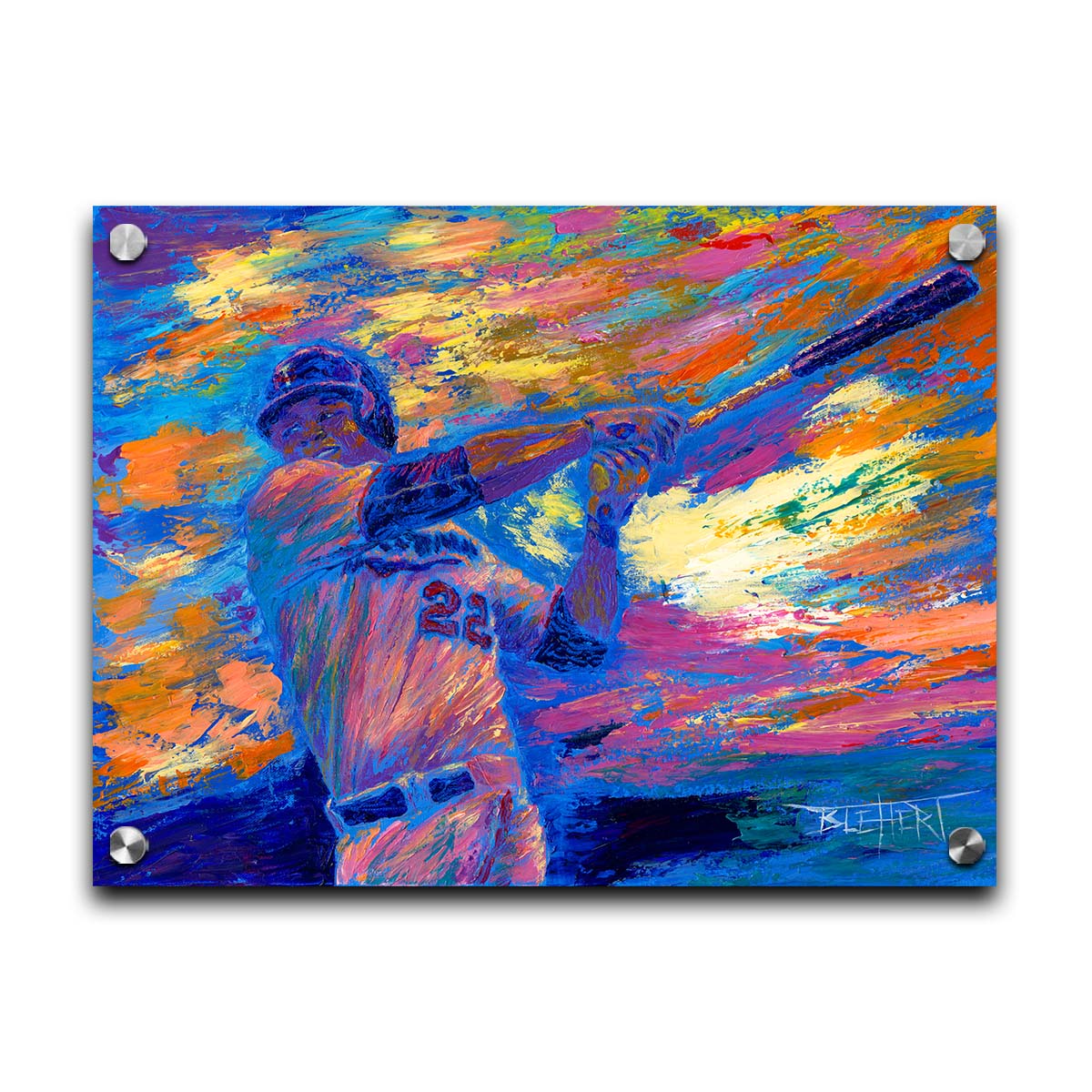 A painting of Minnesota Twins baseball player Miguel SanÃ³ swinging a bat against a colorful, abstract background. The visible palette knife and brush strokes emphasize the action of the piece. Printed on acrylic.