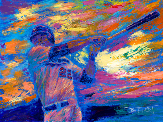 A painting of Minnesota Twins baseball player Miguel Sanó swinging a bat against a colorful, abstract background. The visible palette knife and brush strokes emphasize the action of the piece.