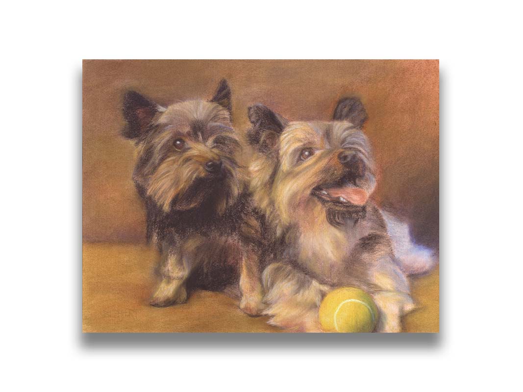 A painting of two brown terrier dogs sitting with a tennis ball. Printed on canvas.