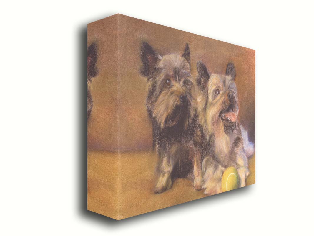 A painting of two brown terrier dogs sitting with a tennis ball. Printed on canvas.