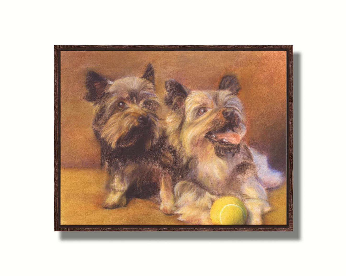 A painting of two brown terrier dogs sitting with a tennis ball. Printed on canvas in a float frame.