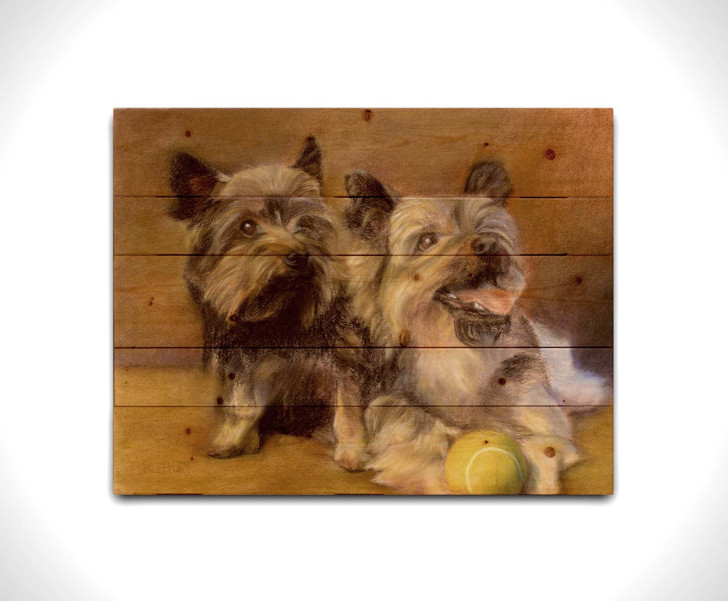 A painting of two brown terrier dogs sitting with a tennis ball. Printed on a wood pallet.