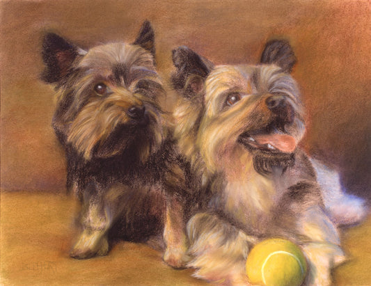 A painting of two brown terrier dogs sitting with a tennis ball.