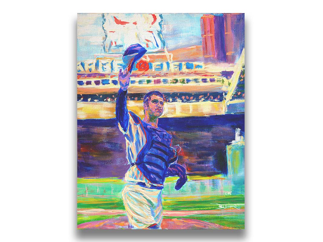 A painting of catcher Joe Mauer of the Minnesota Twins baseball team, standing in the field and waving his hat. Printed on canvas.