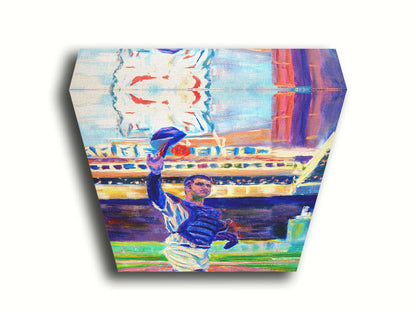 A painting of catcher Joe Mauer of the Minnesota Twins baseball team, standing in the field and waving his hat. Printed on canvas.