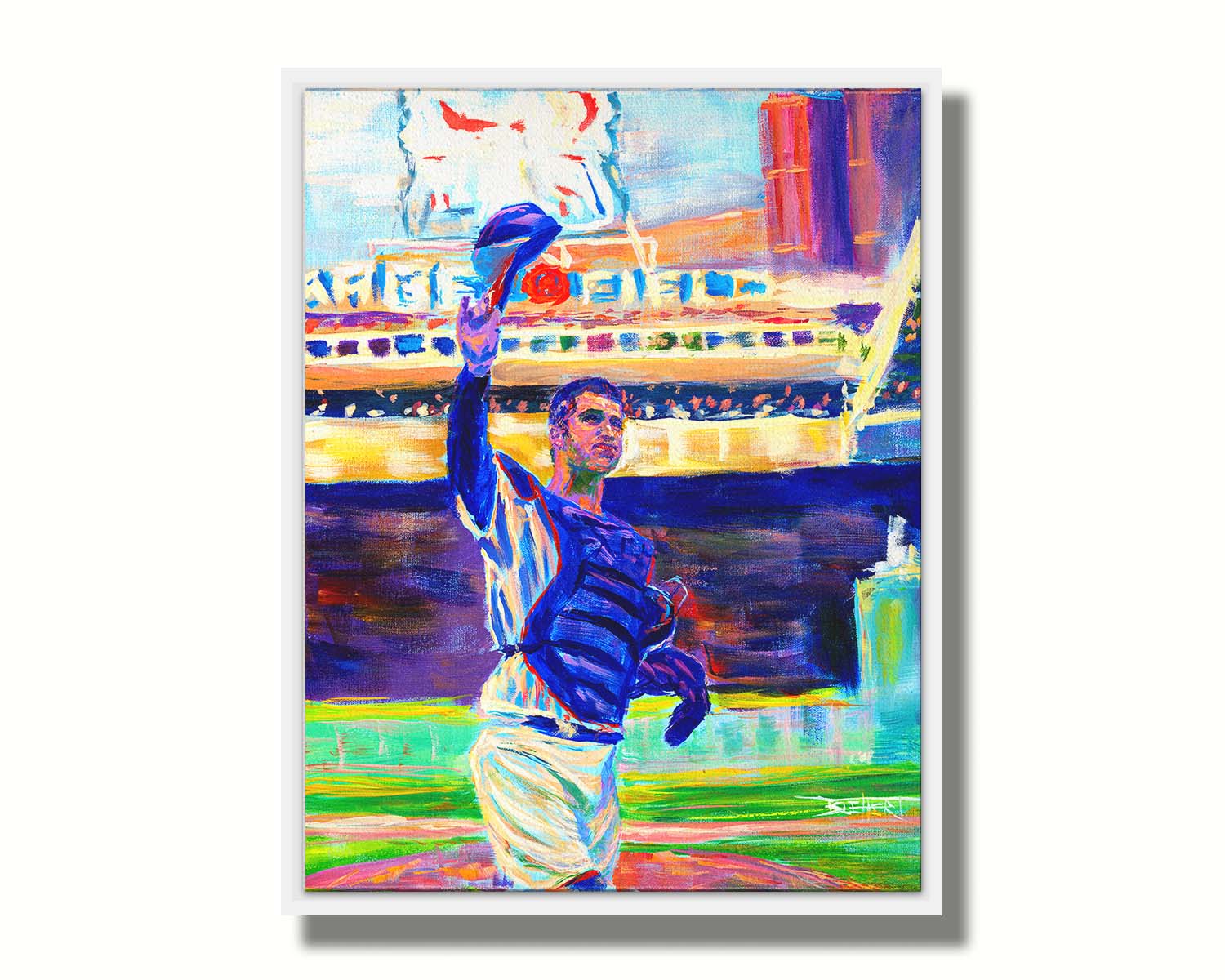 A painting of catcher Joe Mauer of the Minnesota Twins baseball team, standing in the field and waving his hat. Printed on canvas in a float frame.