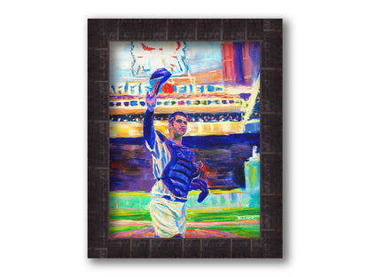 A painting of catcher Joe Mauer of the Minnesota Twins baseball team, standing in the field and waving his hat. Printed on canvas and framed.