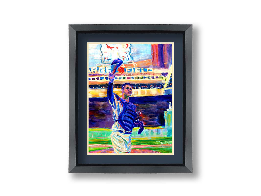 A painting of catcher Joe Mauer of the Minnesota Twins baseball team, standing in the field and waving his hat. Printed on paper, matted, and framed.