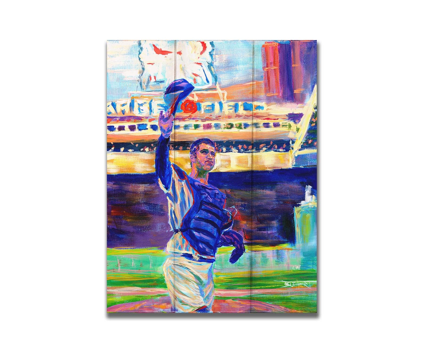 A painting of catcher Joe Mauer of the Minnesota Twins baseball team, standing in the field and waving his hat. Printed on a box board.