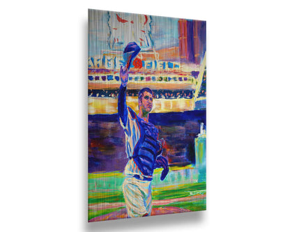 A painting of catcher Joe Mauer of the Minnesota Twins baseball team, standing in the field and waving his hat. Printed on metal.