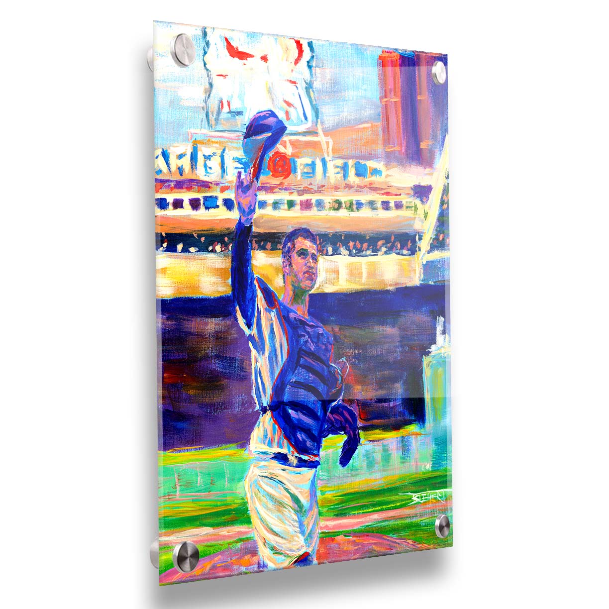 A painting of catcher Joe Mauer of the Minnesota Twins baseball team, standing in the field and waving his hat. Printed on acrylic.