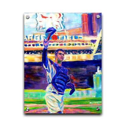 A painting of catcher Joe Mauer of the Minnesota Twins baseball team, standing in the field and waving his hat. Printed on acrylic.