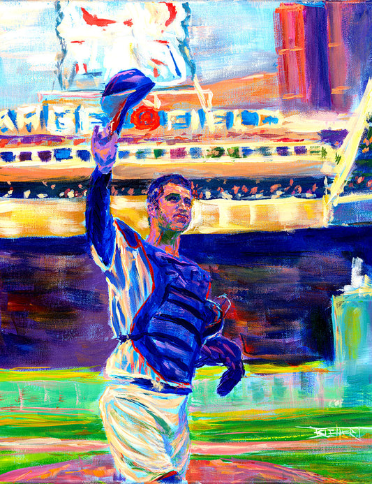 A painting of catcher Joe Mauer of the Minnesota Twins baseball team, standing in the field and waving his hat. 