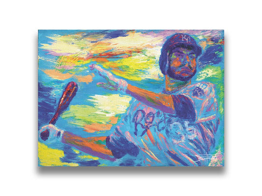 A painting of Kansas City Royals baseball player Eric Hosmer swinging a bat. Printed on canvas.