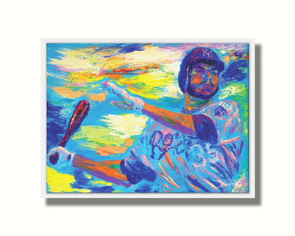 A painting of Kansas City Royals baseball player Eric Hosmer swinging a bat. Printed on canvas in a float frame.