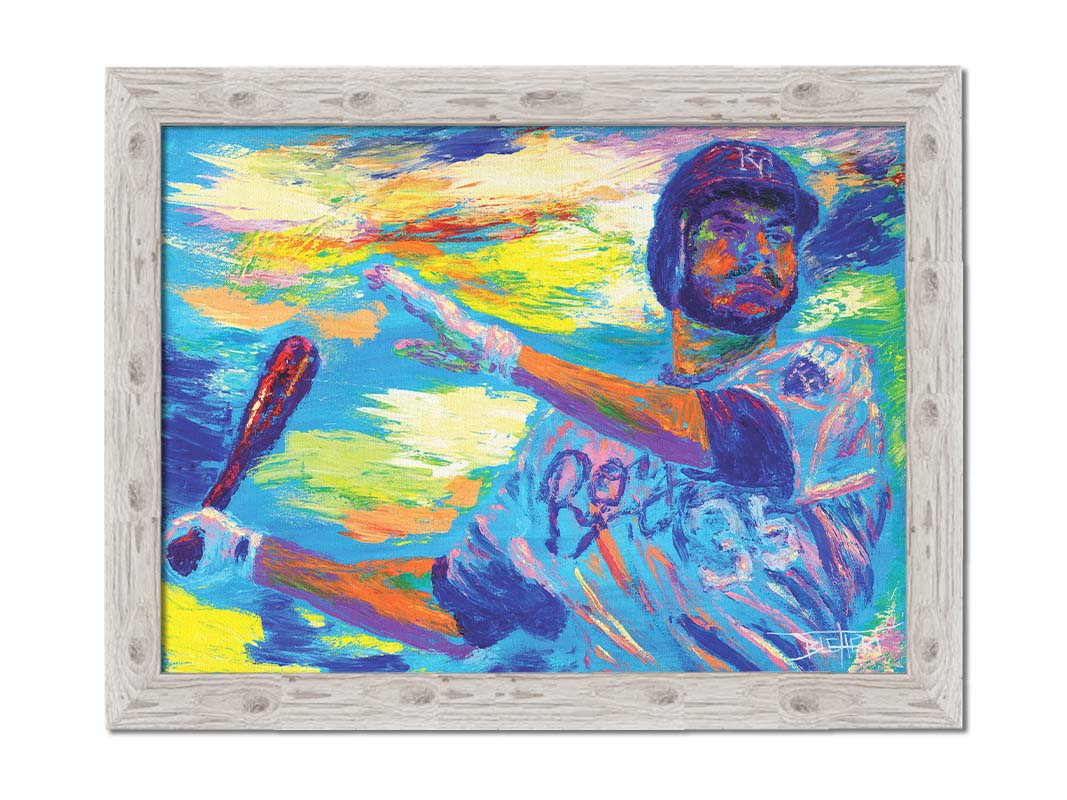 A painting of Kansas City Royals baseball player Eric Hosmer swinging a bat. Printed on canvas and framed.