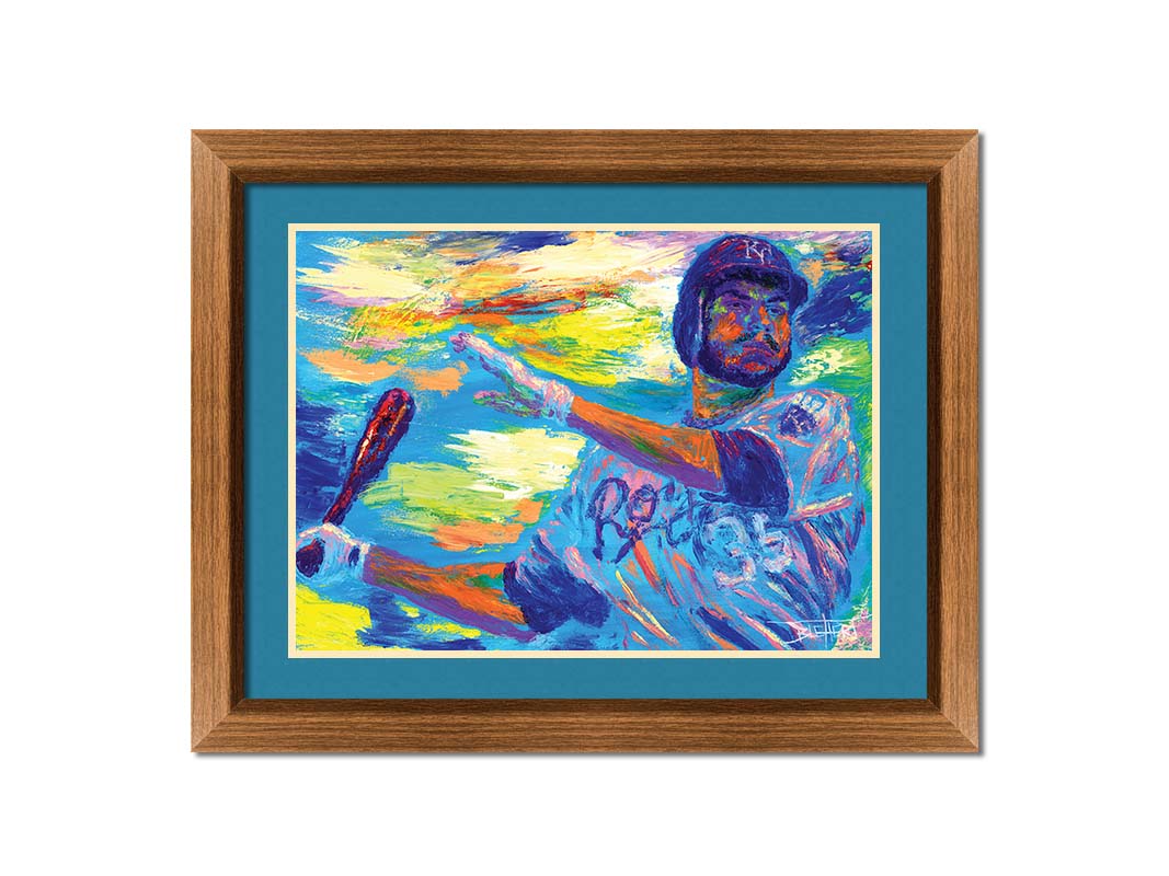 A painting of Kansas City Royals baseball player Eric Hosmer swinging a bat. Printed on paper, matted, and framed.