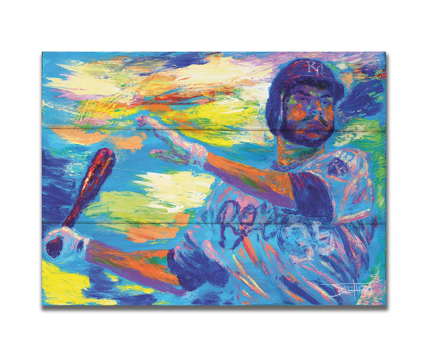 A painting of Kansas City Royals baseball player Eric Hosmer swinging a bat. Printed on a box board.