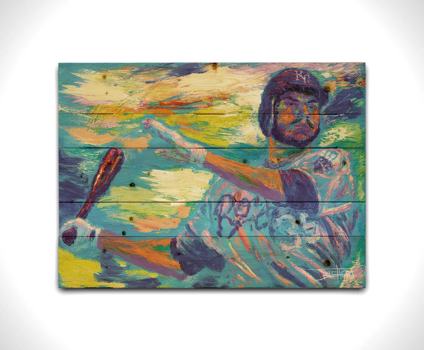 A painting of Kansas City Royals baseball player Eric Hosmer swinging a bat. Printed on a wood pallet.