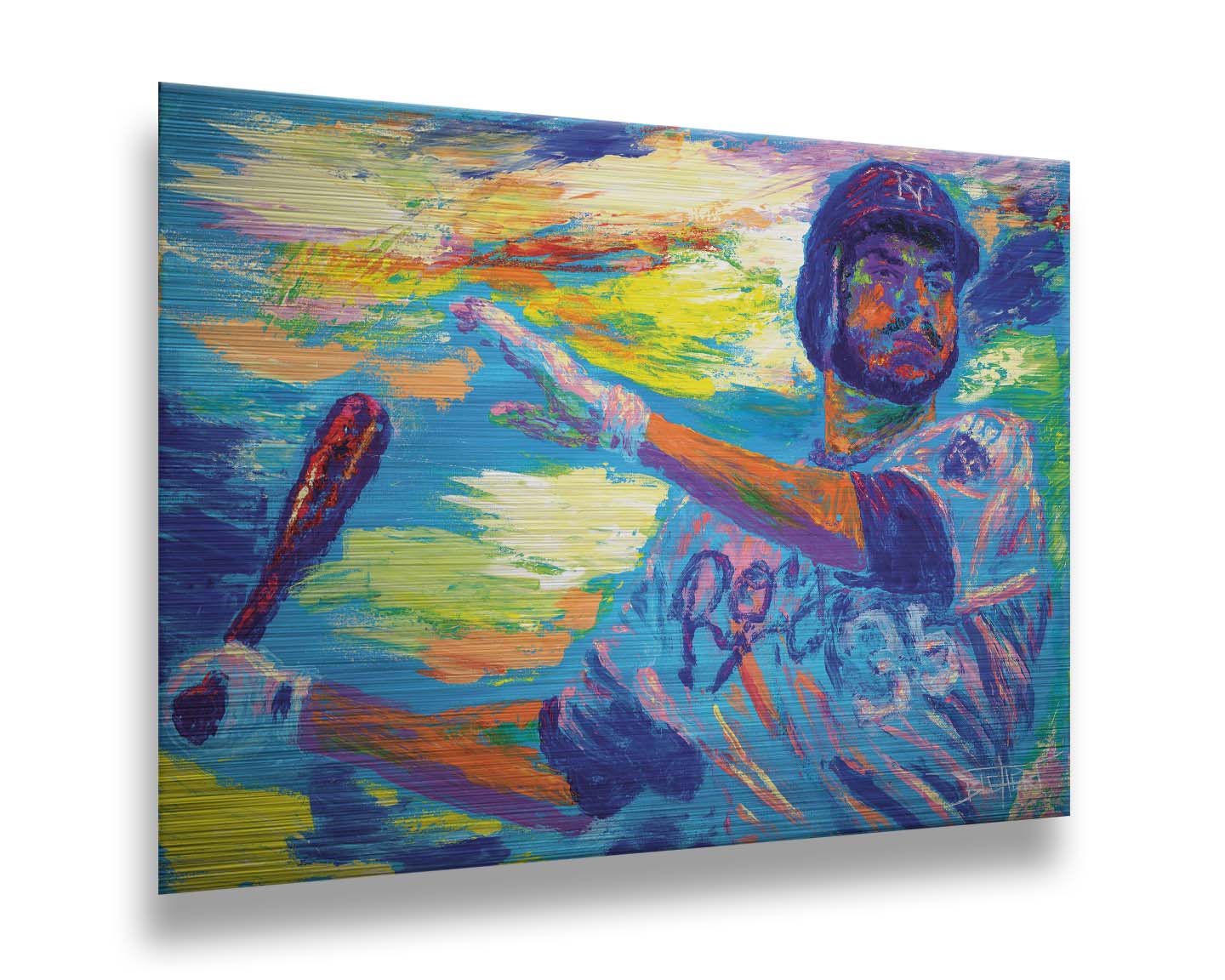 A painting of Kansas City Royals baseball player Eric Hosmer swinging a bat. Printed on metal.