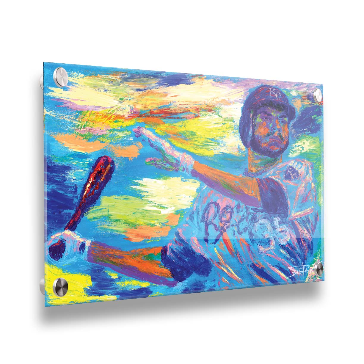 A painting of Kansas City Royals baseball player Eric Hosmer swinging a bat. Printed on acrylic.