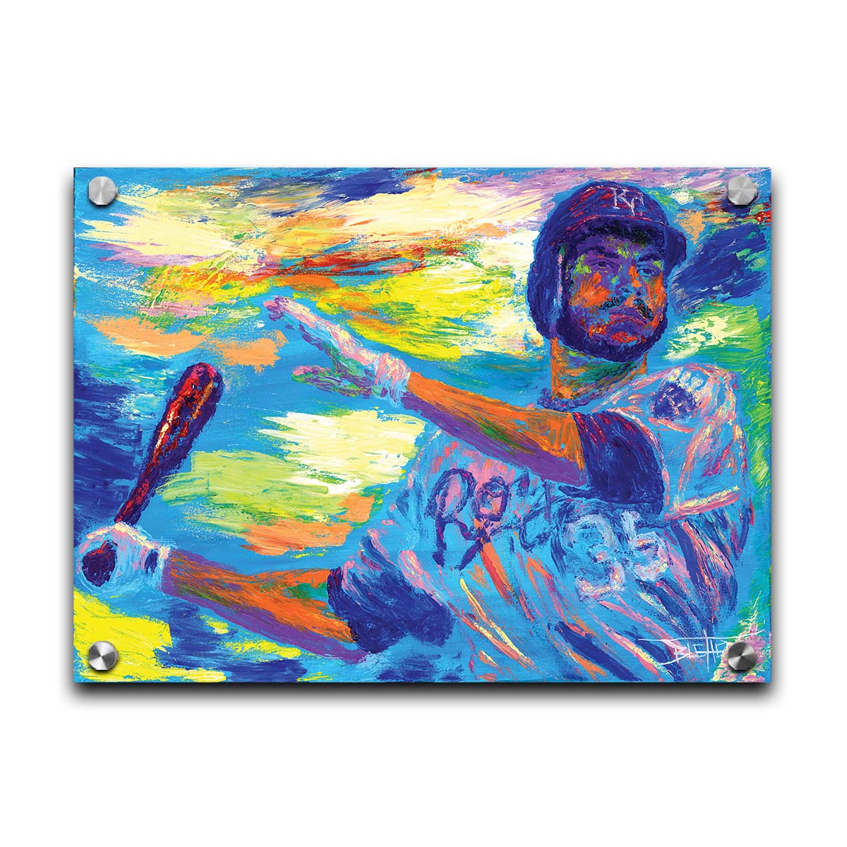 A painting of Kansas City Royals baseball player Eric Hosmer swinging a bat. Printed on acrylic.