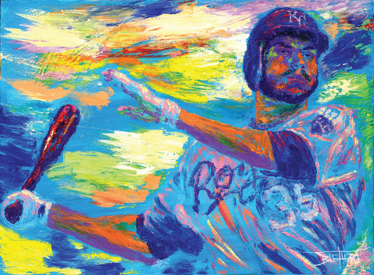 A painting of Kansas City Royals baseball player Eric Hosmer swinging a bat.