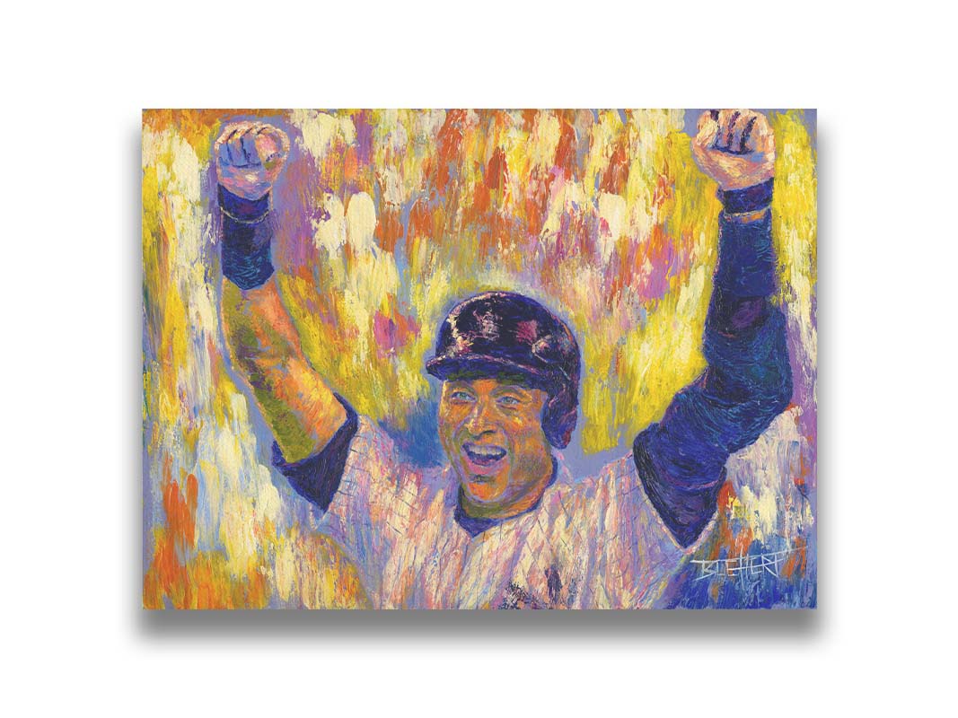 A painting of New York Yankees baseball player Derek Jeter cheering against an abstract background, the orange and yellow contrasting sharply with the blues and purples of his uniform. Printed on canvas.