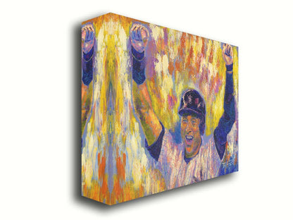 A painting of New York Yankees baseball player Derek Jeter cheering against an abstract background, the orange and yellow contrasting sharply with the blues and purples of his uniform. Printed on canvas.