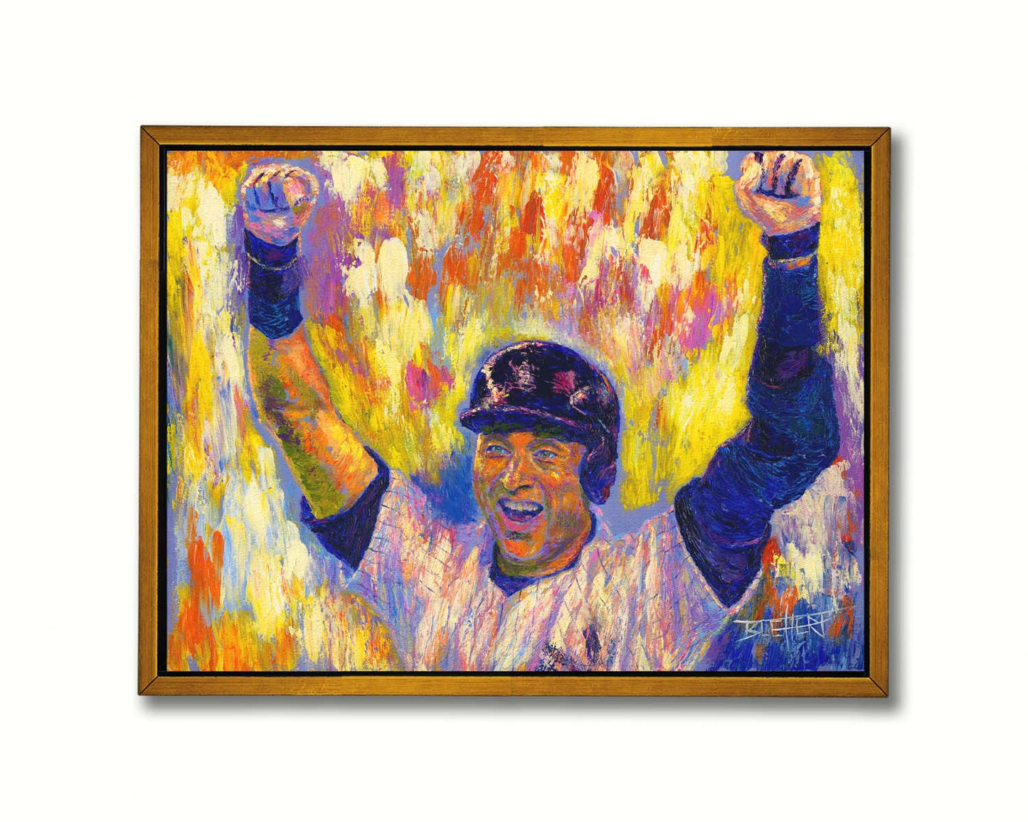 A painting of New York Yankees baseball player Derek Jeter cheering against an abstract background, the orange and yellow contrasting sharply with the blues and purples of his uniform. Printed on canvas in a float frame.