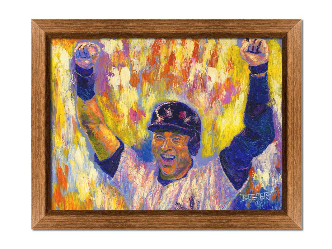 A painting of New York Yankees baseball player Derek Jeter cheering against an abstract background, the orange and yellow contrasting sharply with the blues and purples of his uniform. Printed on canvas and framed.