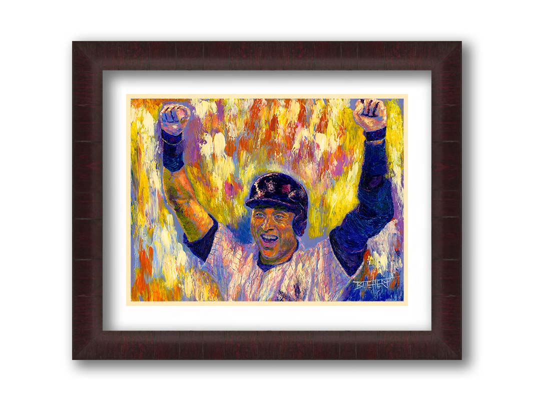 A painting of New York Yankees baseball player Derek Jeter cheering against an abstract background, the orange and yellow contrasting sharply with the blues and purples of his uniform. Printed on paper, matted, and framed.