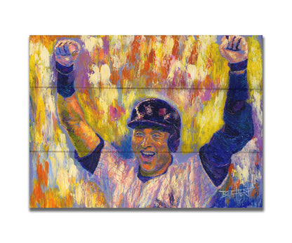 A painting of New York Yankees baseball player Derek Jeter cheering against an abstract background, the orange and yellow contrasting sharply with the blues and purples of his uniform. Printed on a box board.