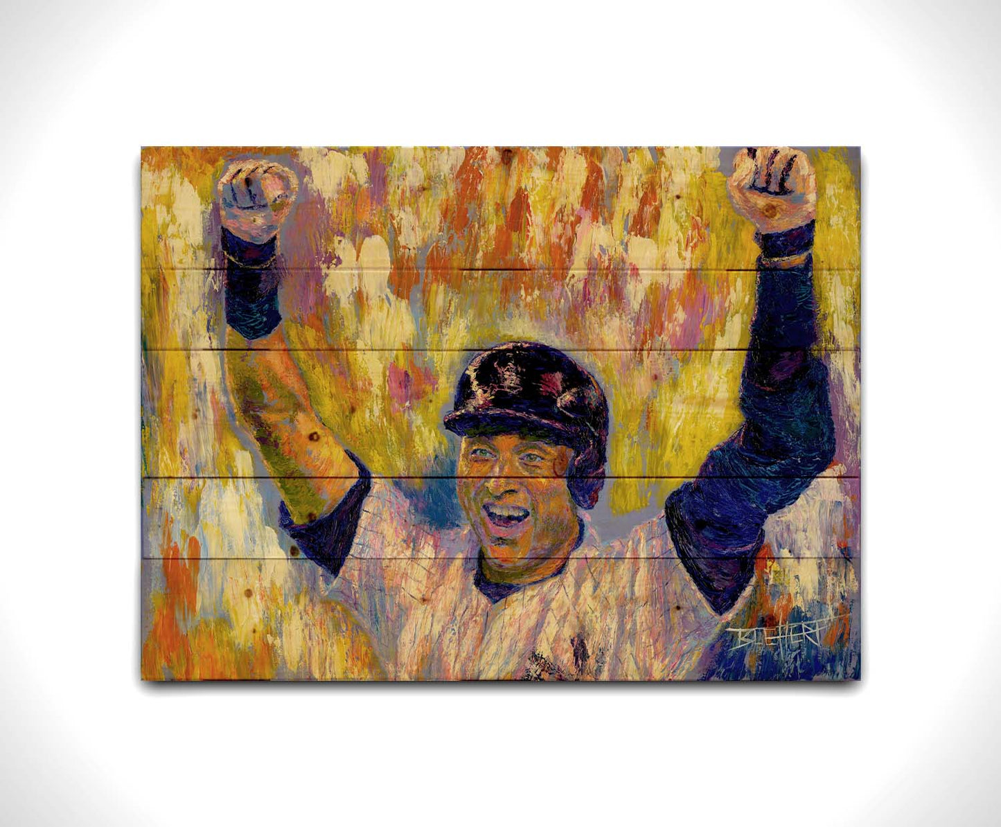 A painting of New York Yankees baseball player Derek Jeter cheering against an abstract background, the orange and yellow contrasting sharply with the blues and purples of his uniform. Printed on a wood pallet.